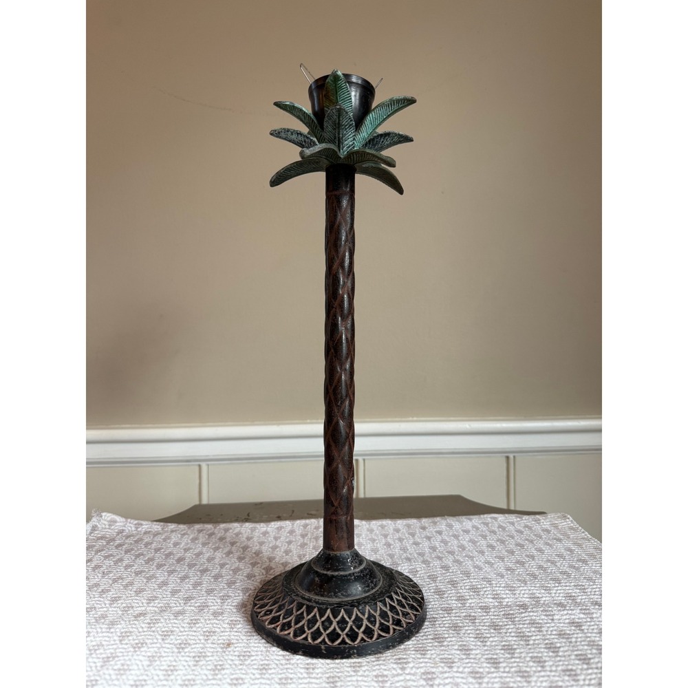 Vintage Cast Iron Palm Tree Candlestick Holder 15 Inch Tall Tropical Verdigris‎